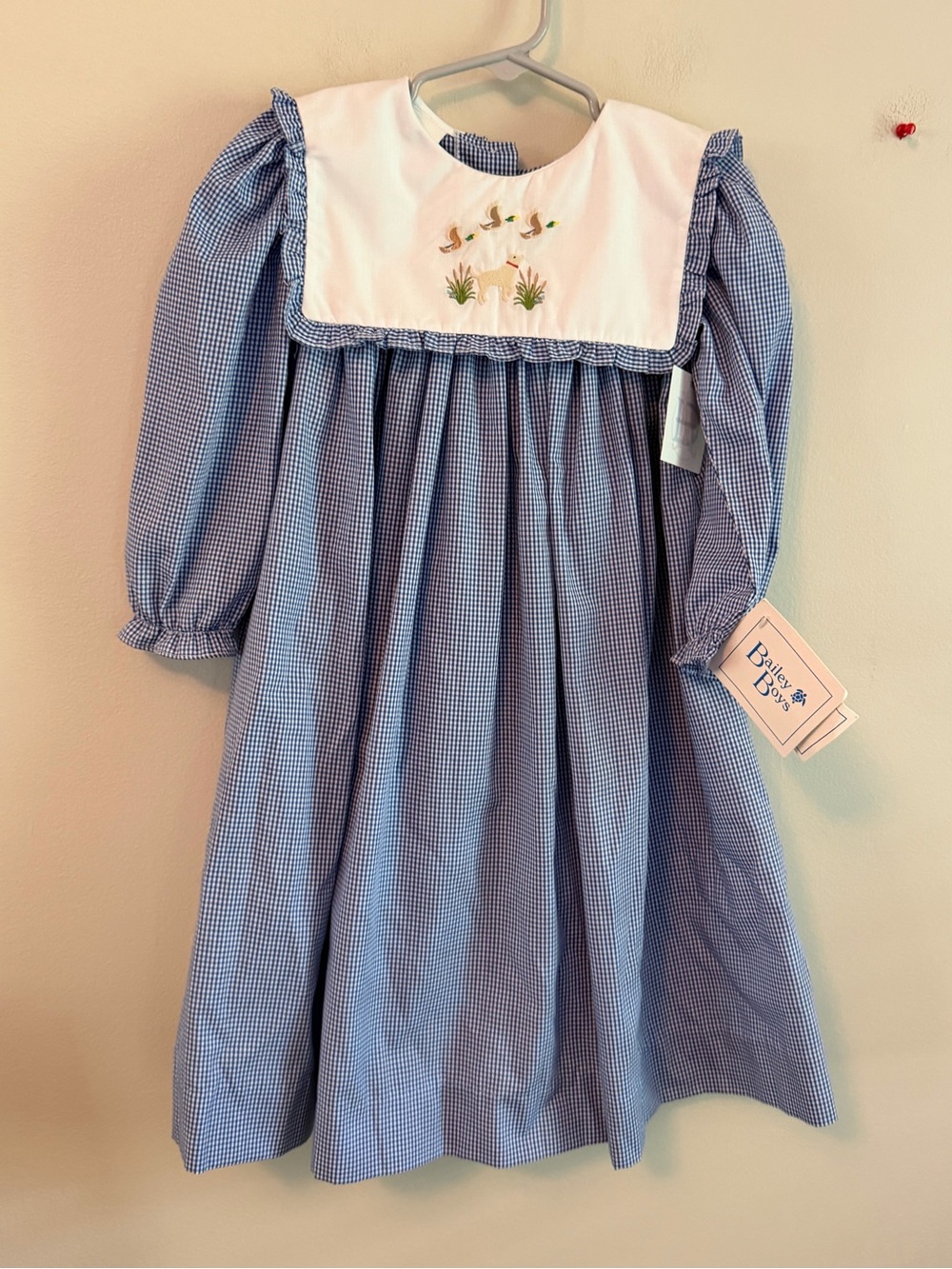 The Bailey Boys Blue Gingham Embroidered Dog and Duck Dress
